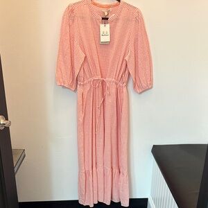 Barbour Pink Gingham Drawstring Maxi Dress with Three-Quarter Sleeves